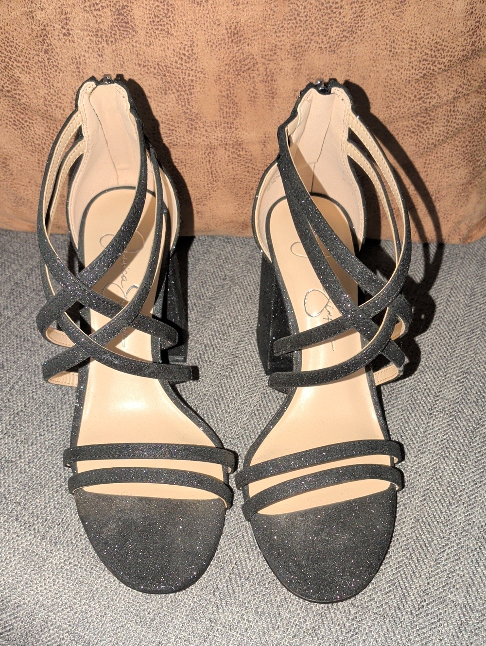 Jessica Simpson Black Glitter Strappy Heels
